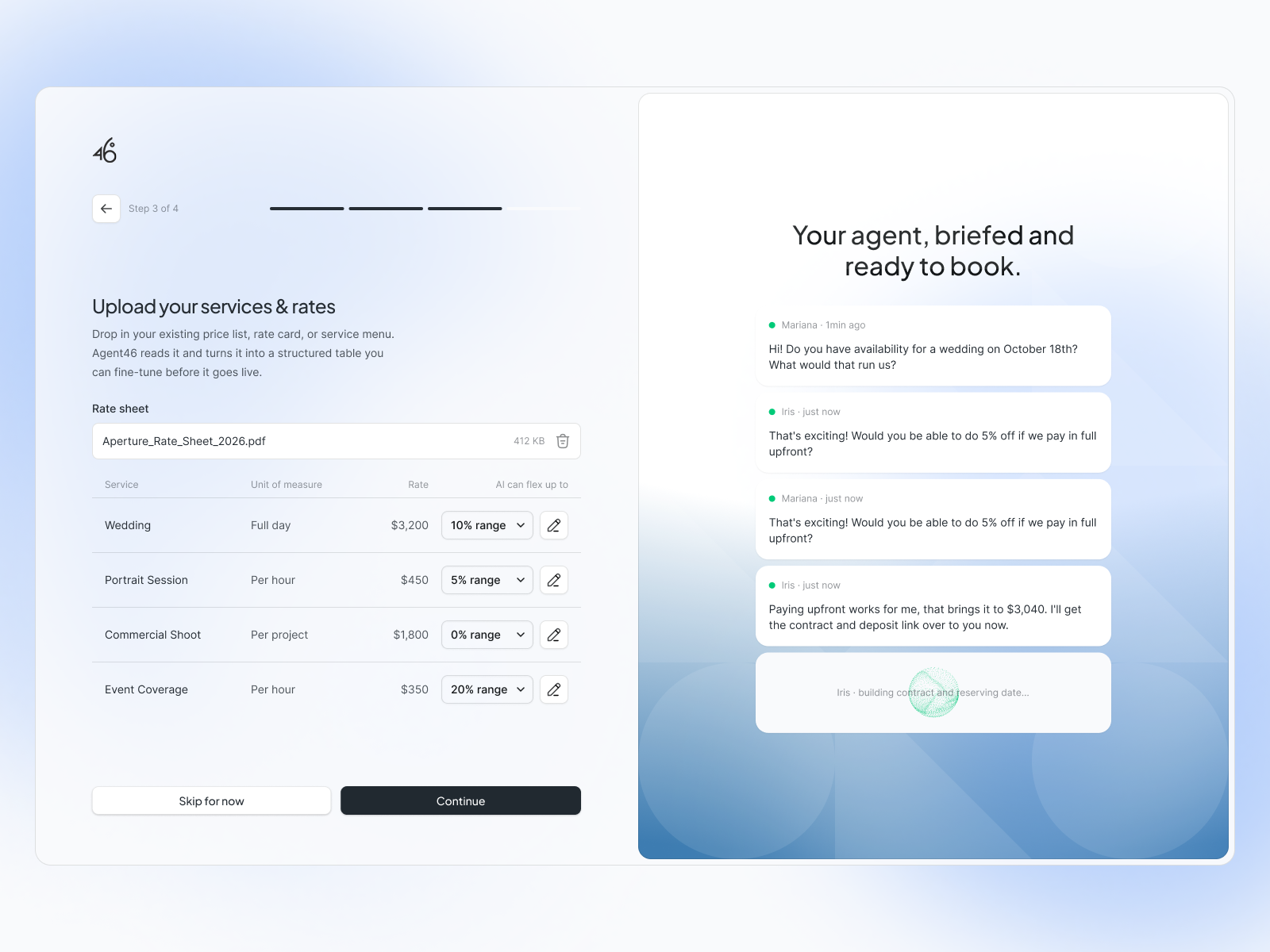 Onboarding — uploading a rate sheet and previewing the agent's first booked conversation